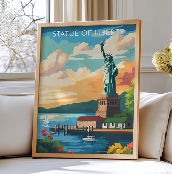 Statue of Liberty New York Vintage Travel Poster Sunset Harbor Scene