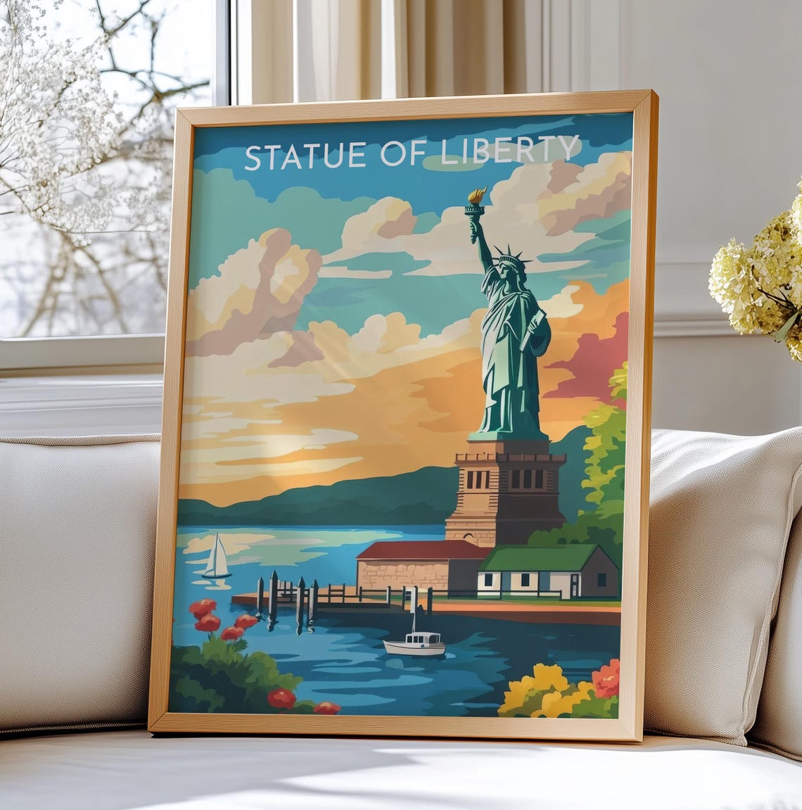 Statue of Liberty New York Vintage Travel Poster Sunset Harbor Scene