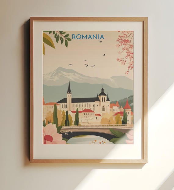 Romania Art Poster Travel Stunning Carpathian Mountains And Church Illustration