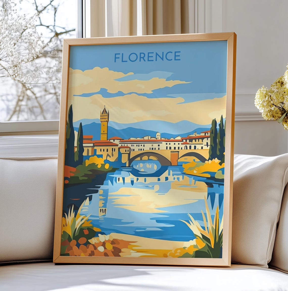 Historic Florence Italy Arno River Bridge Sunset Travel Poster