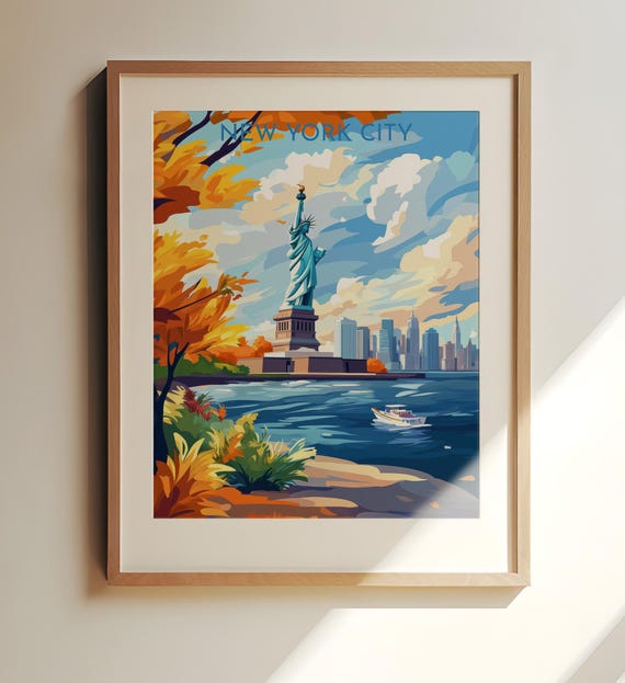 Statue Of Liberty New York City Travel Poster Art With Fall Foliage