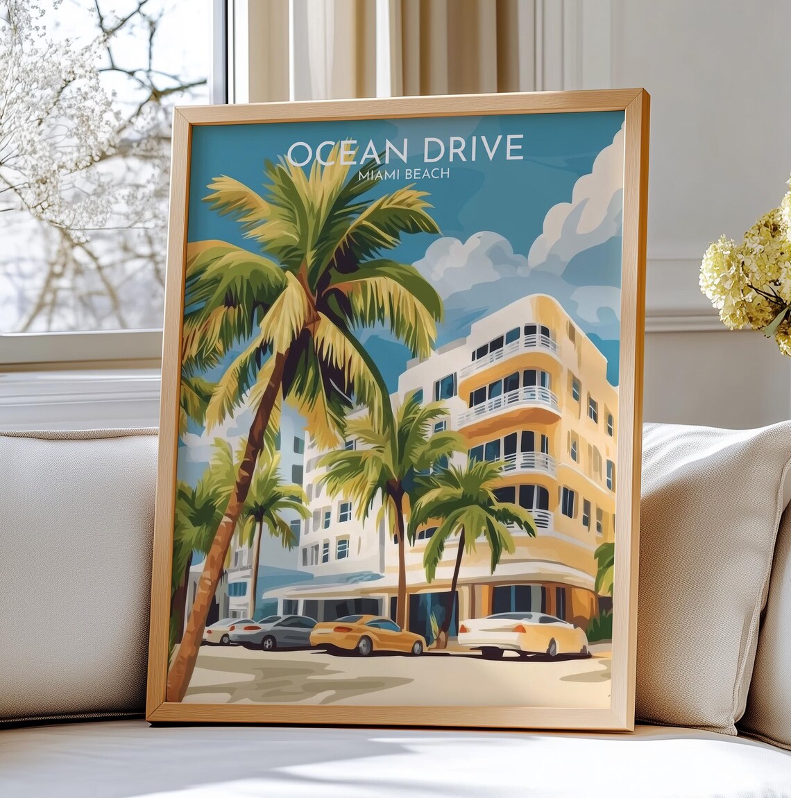 Ocean Drive Miami Beach Art Deco Palms Retro Vintage Travel Poster