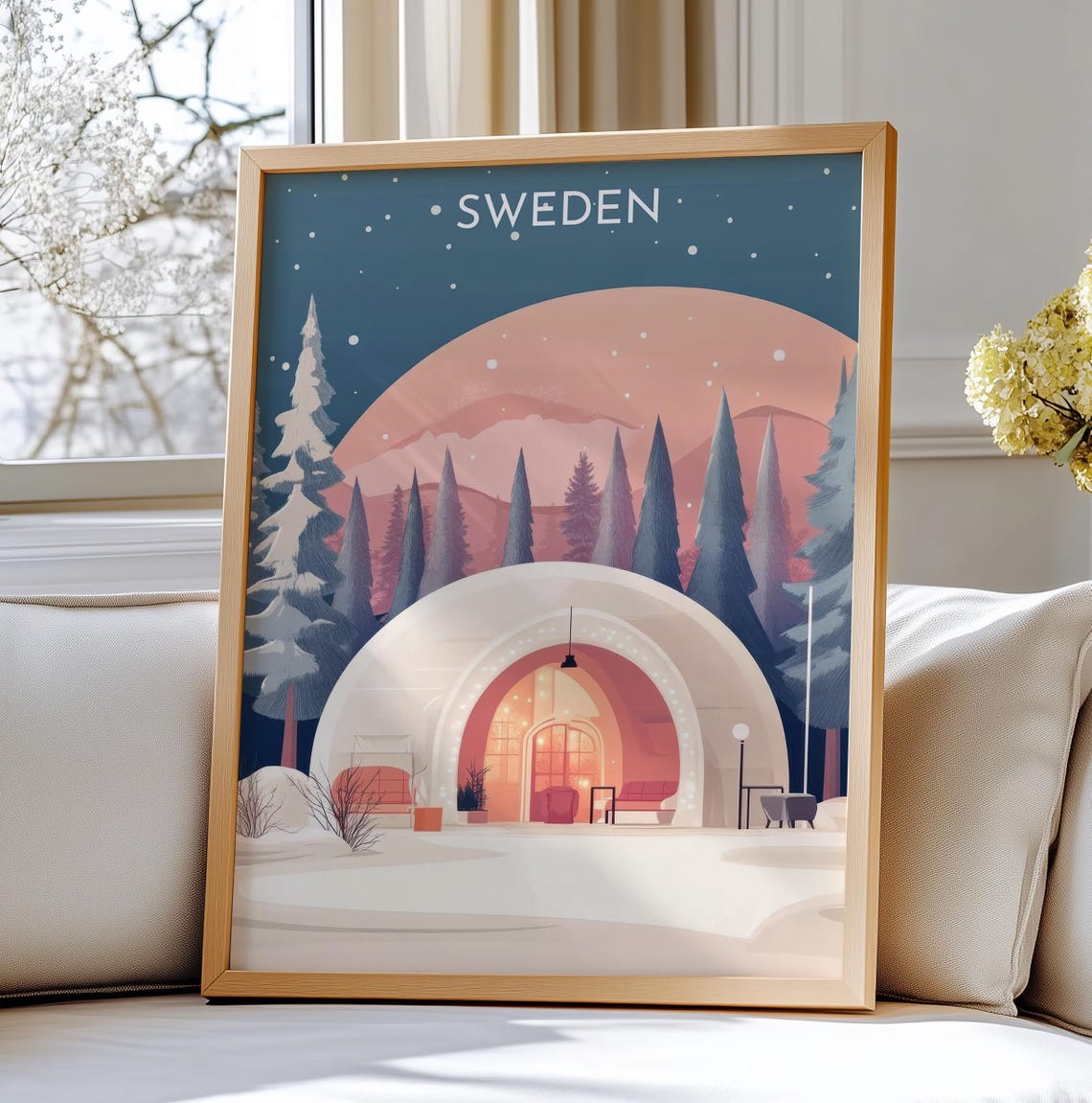 Sweden Igloo Hotel Snowy Forest Winter Night Moon Art Poster