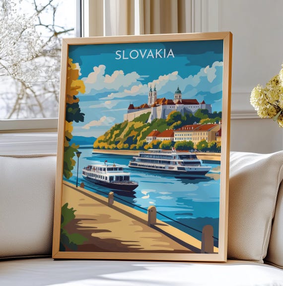 Bratislava Slovakia Travel Poster Art Scenic View Of The Danube River And Castle