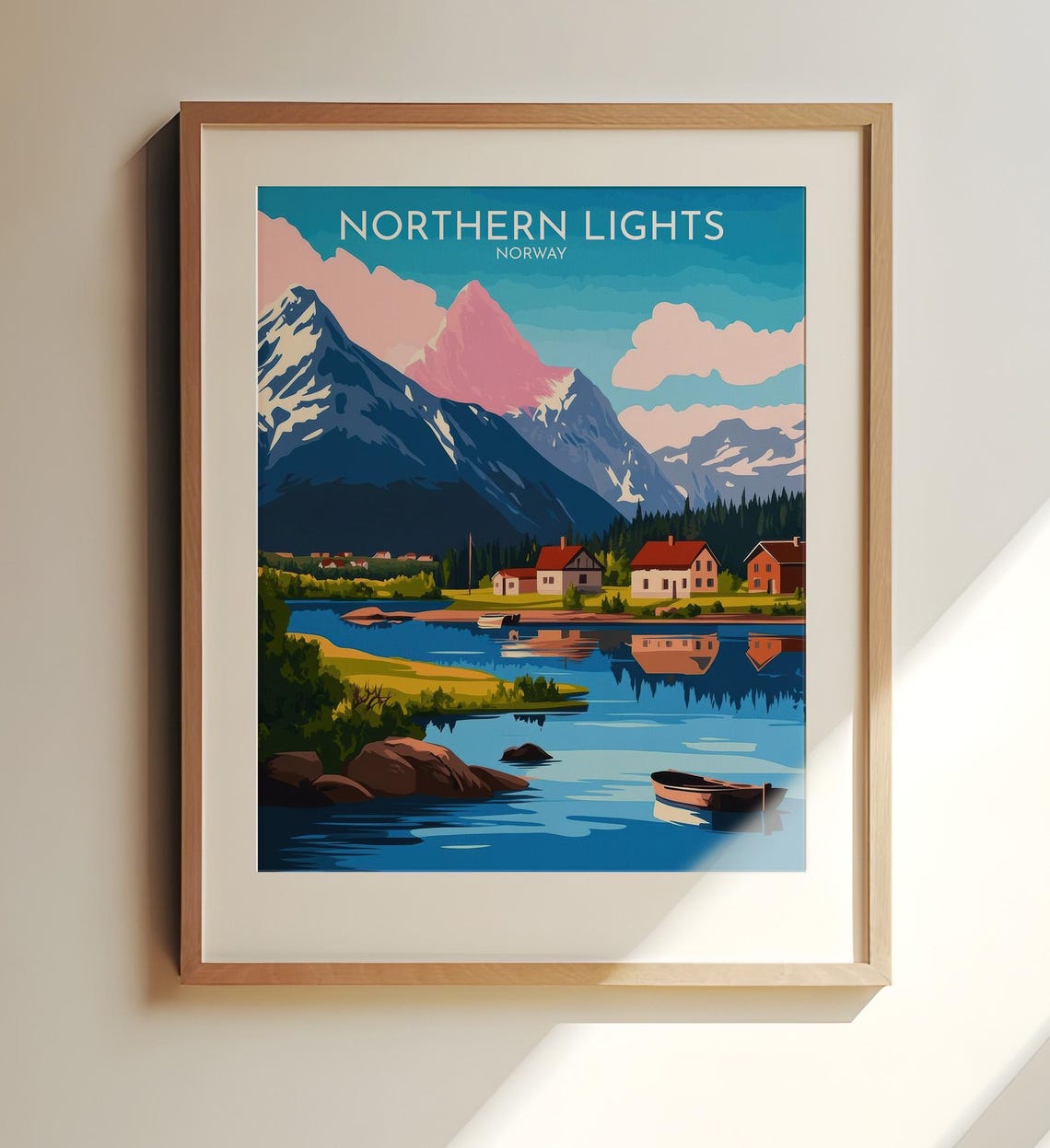 Northern Lights Norway Travel Poster Fjord Village Aurora Wall Decor