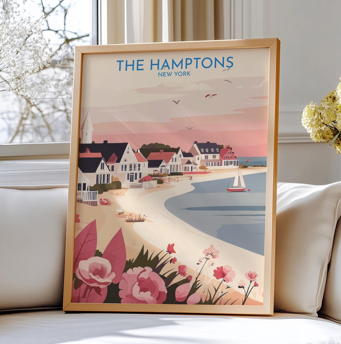 The Hamptons New York Coastal Village Sailboat Sunset Poster