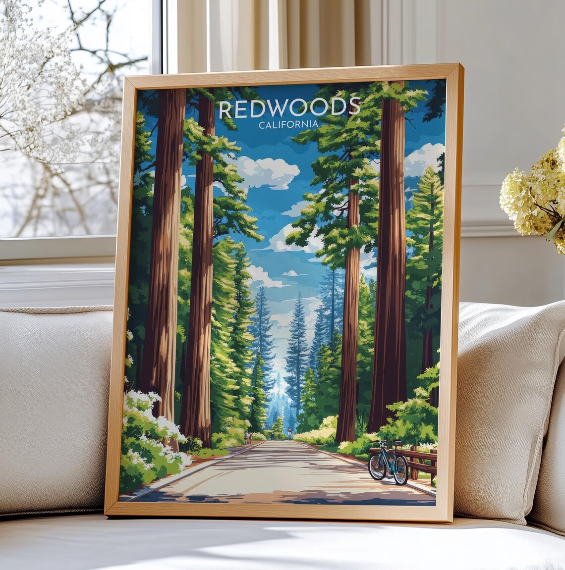 Redwoods California Travel Poster Giant Forest Road Vintage Scene
