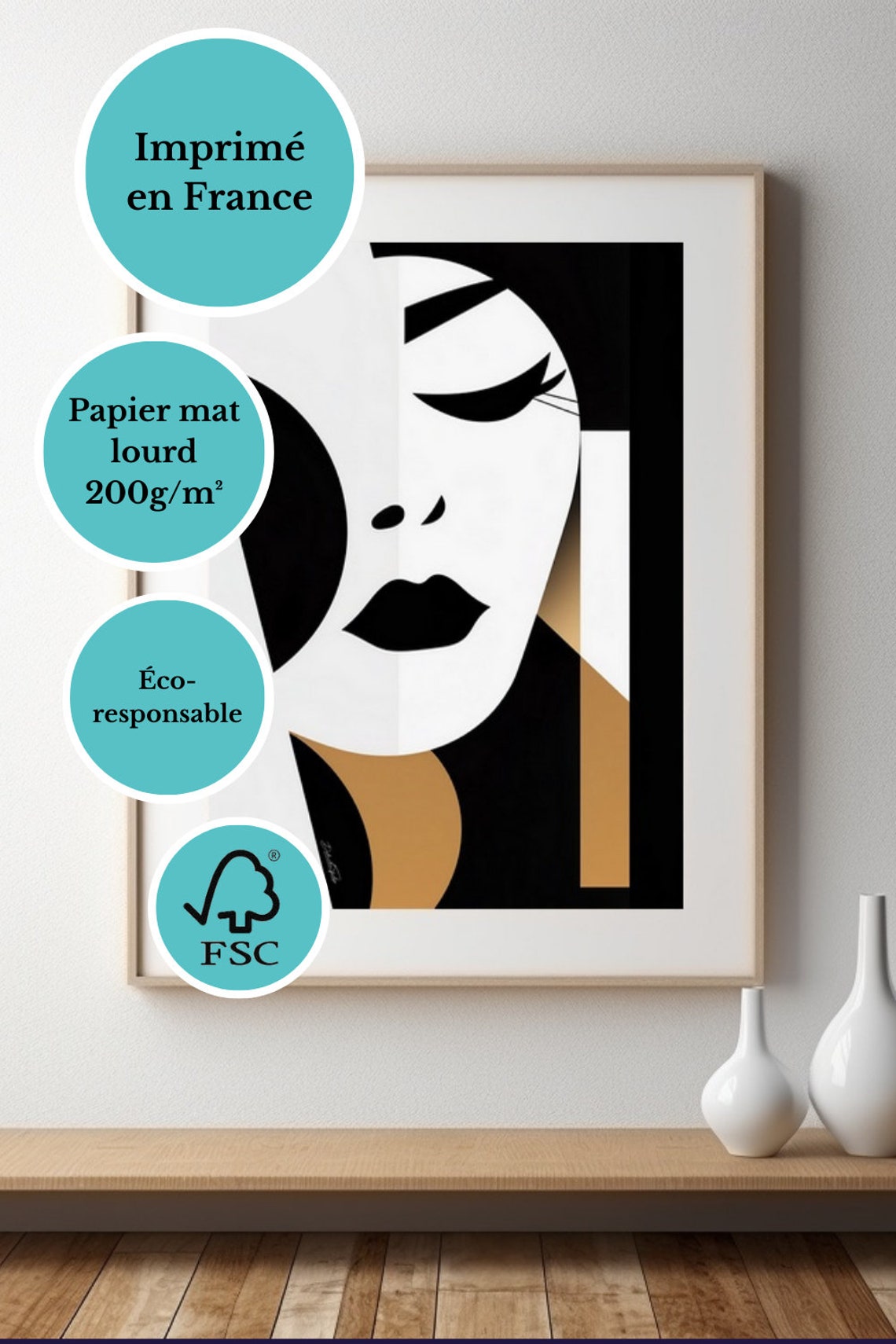 Minimalist Geometric Woman Face Black Gold Abstract Art Poster - Image 4