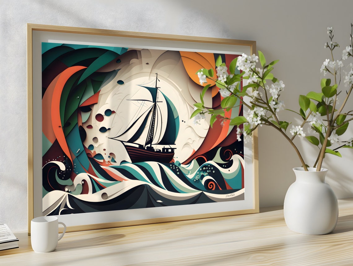 Abstract Sailboat Waves Layered Paper Cut Nautical Art Poster - Image 4