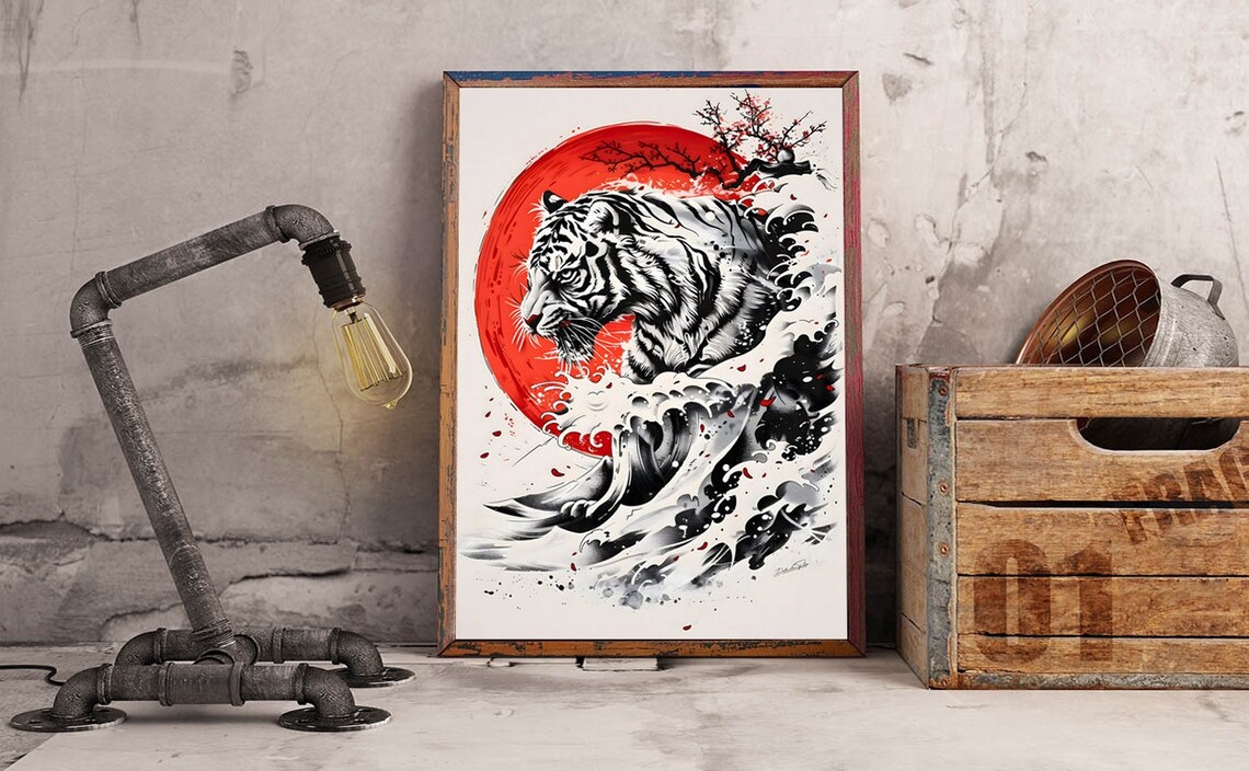 Hokusai Wave Tiger and Cherry Tree Art Print - Image 2
