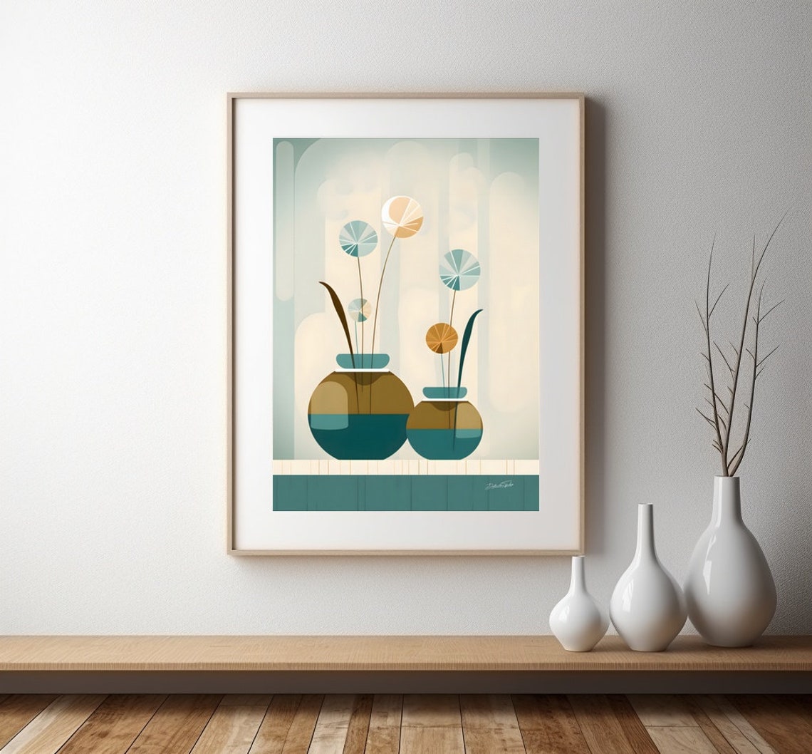 Teal Ceramic Vases Stylized Blossoms Modern Botanical Poster