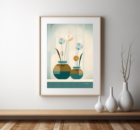Minimalist And Geometric Flower Poster Floral Poster In Summer Colors Blue Beige Boho Scandinavian Wall Decoration Without Frame