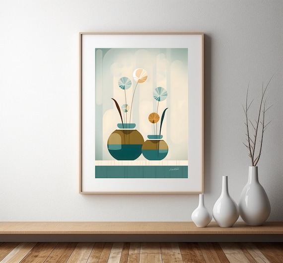 Teal Ceramic Vases Stylized Blossoms Modern Botanical Poster