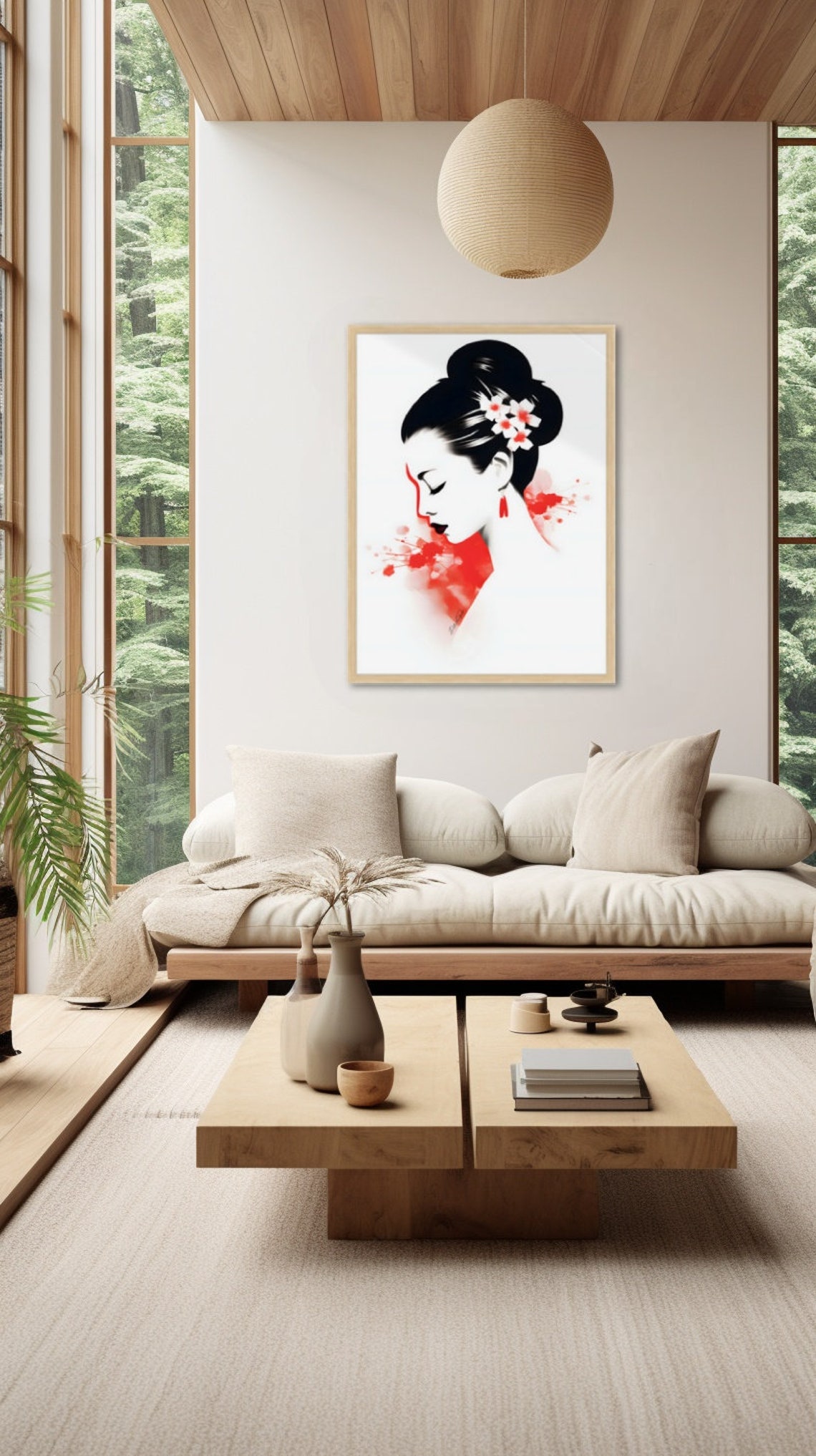 Geisha With Cherry Blossoms Red and Black Minimalist Art Poster - Image 2