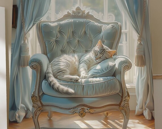 Sleeping Silver Tabby Cat Curled on a Blue Tufted Chair Poster
