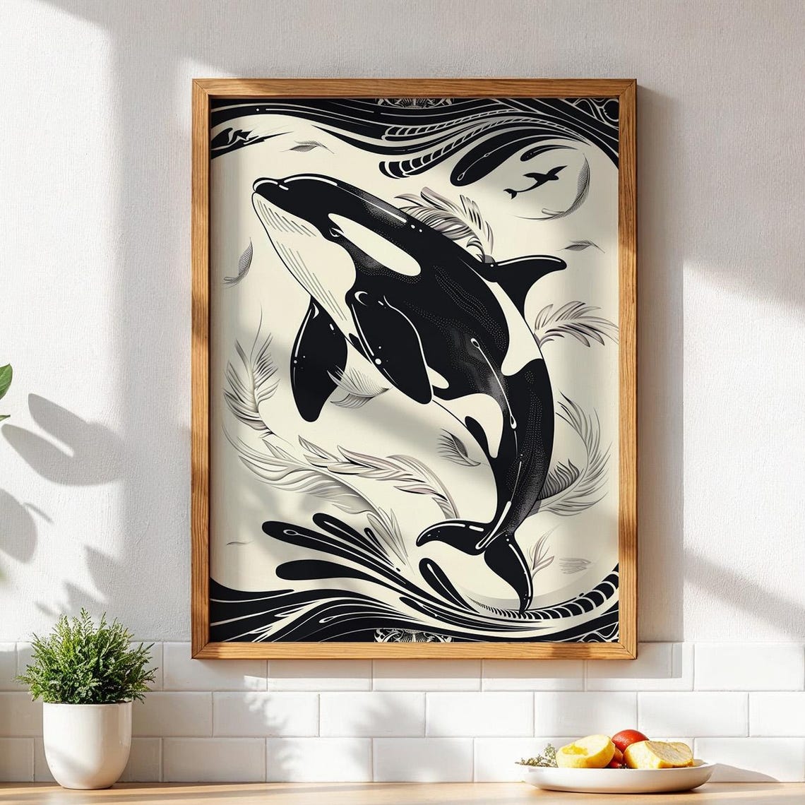 Orca Killer Whale Black White Tribal Waves Ocean Decor Poster
