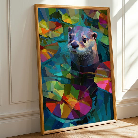 Otter Cute Print, Whimsical Cubist Abstract Art