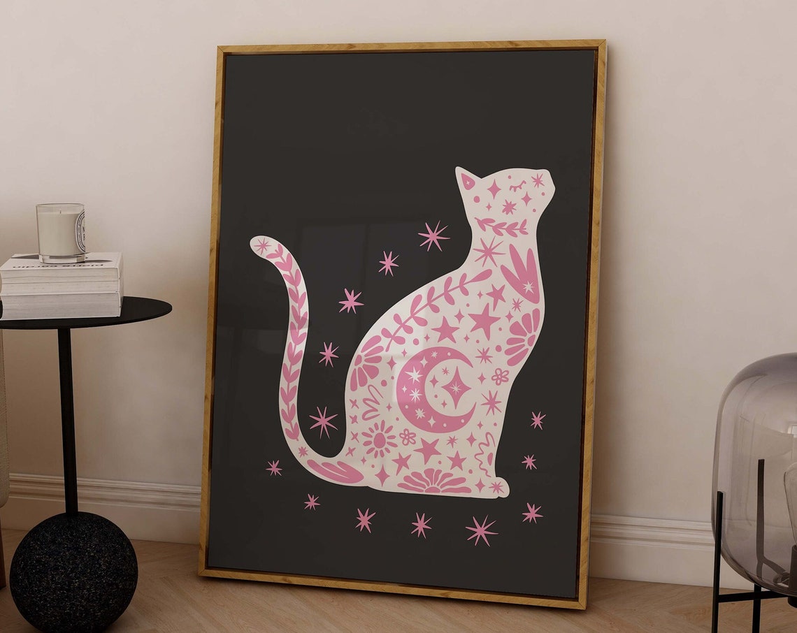 White Celestial Cat Black Background Pink Stars Halloween Poster - Image 7