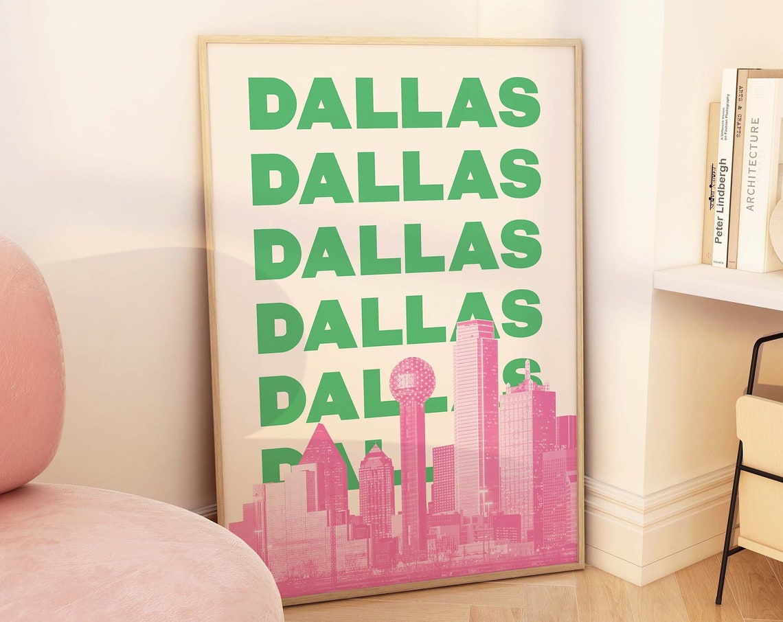 Dallas Texas Pink Skyline Green Lettering Art Poster for City Decor - Image 4