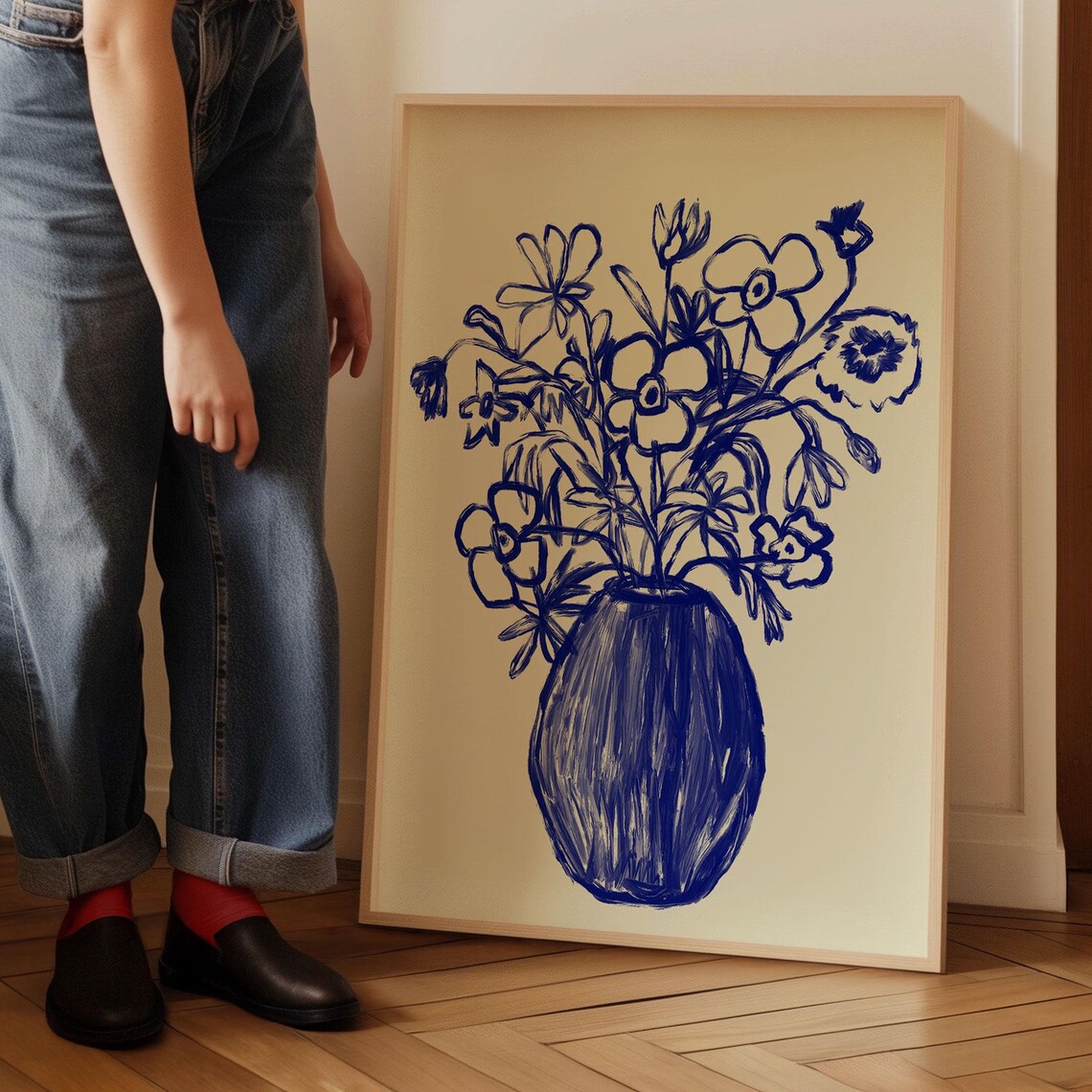 Hand Drawn Blue Vase Wildflowers Sketch Botanical Line Art Wall Art