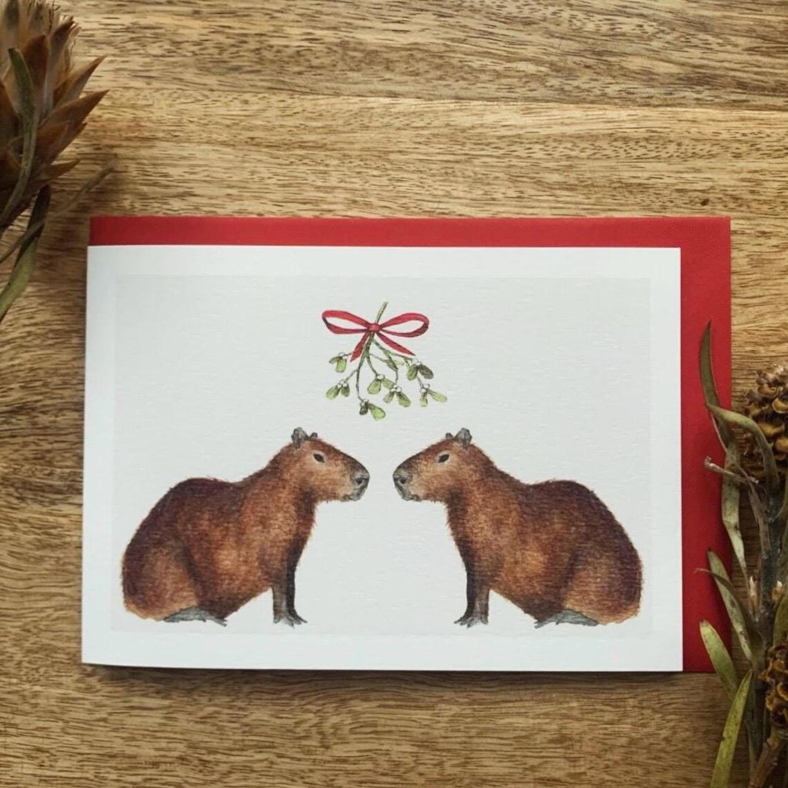 Capybara Mistletoe Christmas Card, Holiday Art Print