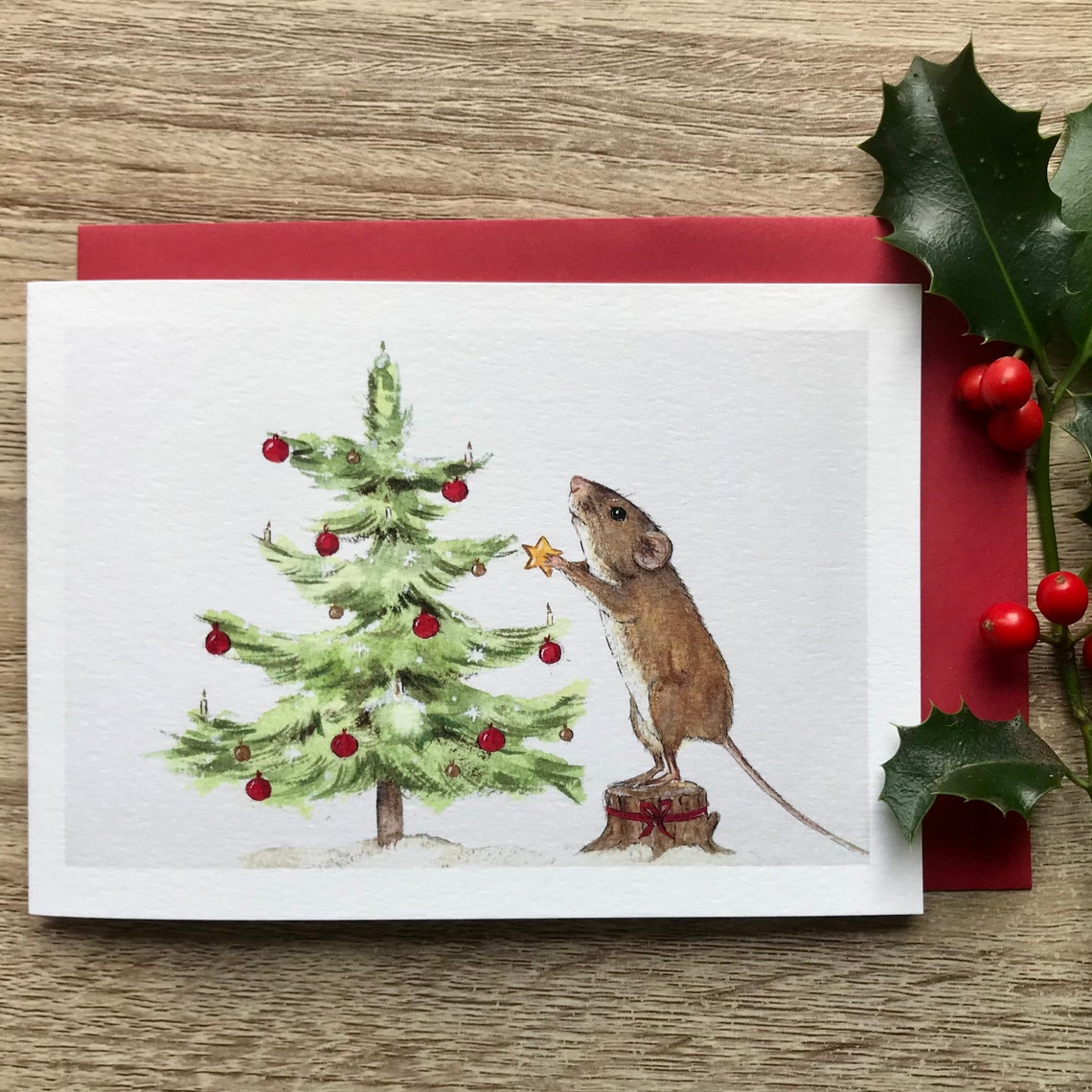 Watercolor Mouse Decorating Christmas Tree Holiday Poster Art