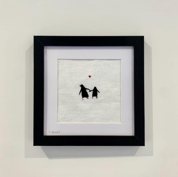 Handpainted Penguins Linen Art Print
