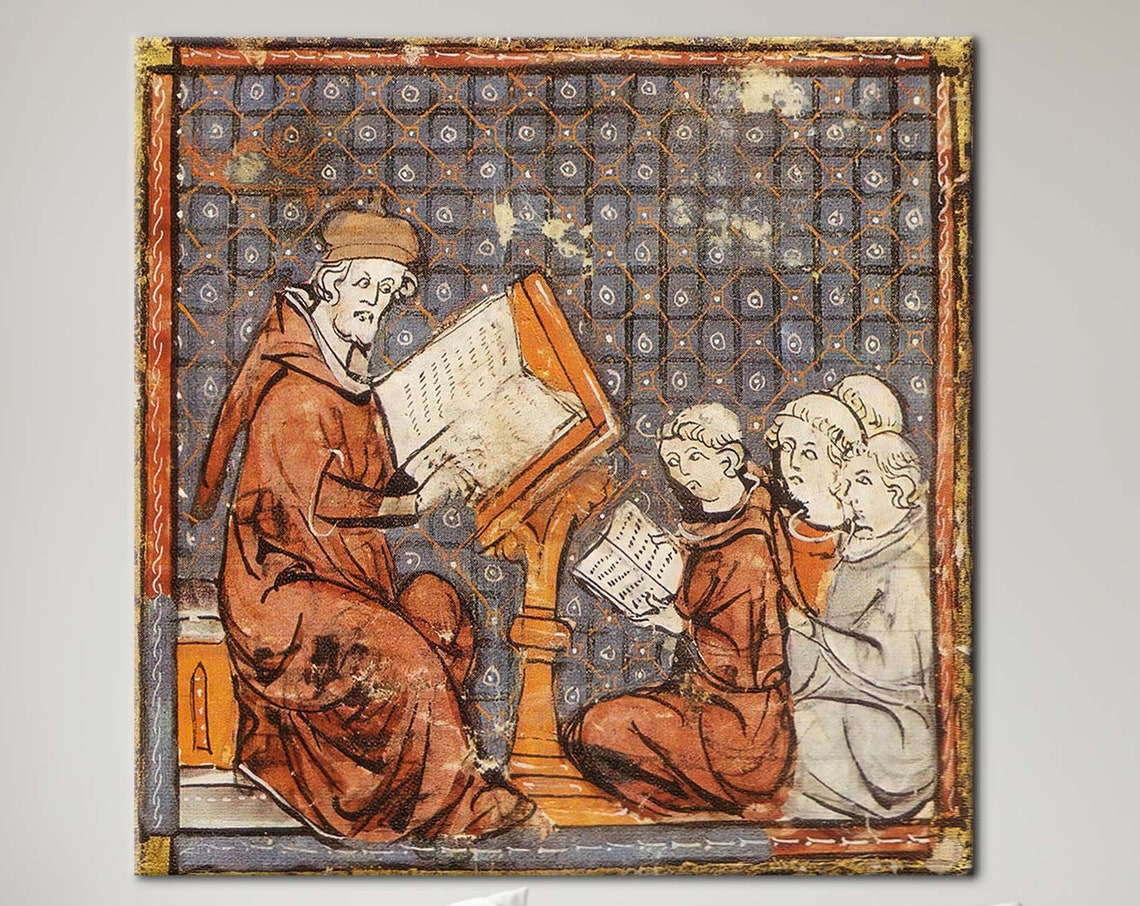 Medieval Monk Reading to Students Illuminated Manuscript Art Poster