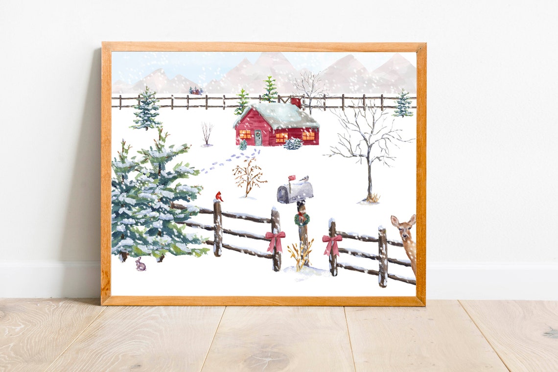 Country Christmas Red House 5x7 8x10 11x14 16x20 18x24 Snow Scene Deer Holiday Decor Watercolor Winter Print Farmhouse Diy Decor - Image 2