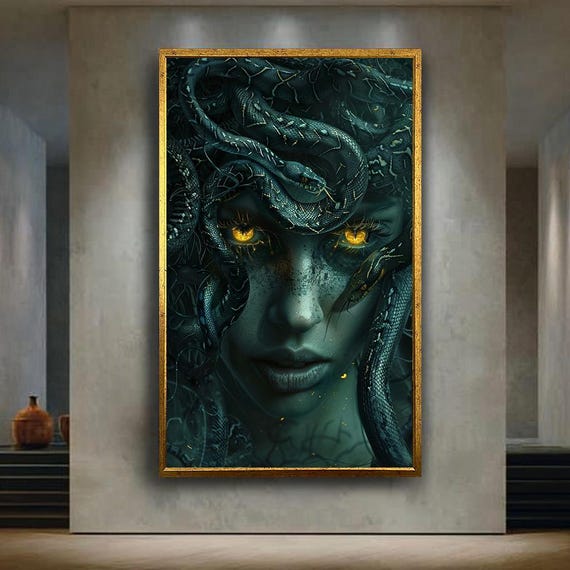 Medusa Dark Myth Canvas Wall Art Snakehaired Goddess Portrait With Glowing Golden Eyes Gothic Fantasy Greek Decor Print