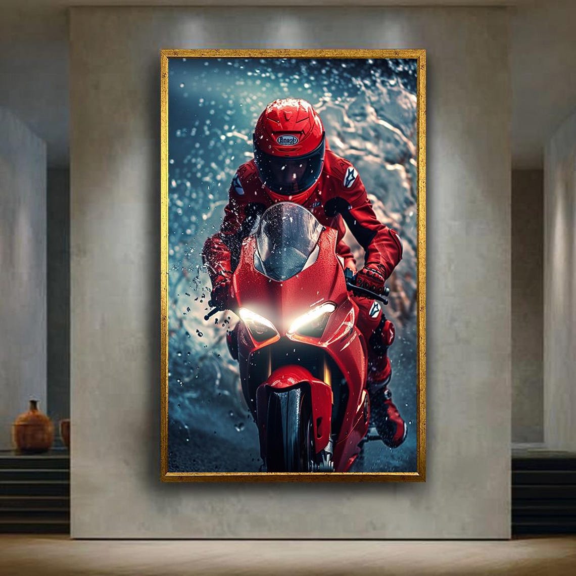 Red Sport Motorcycle Rider Racing Through Rain Splash Poster