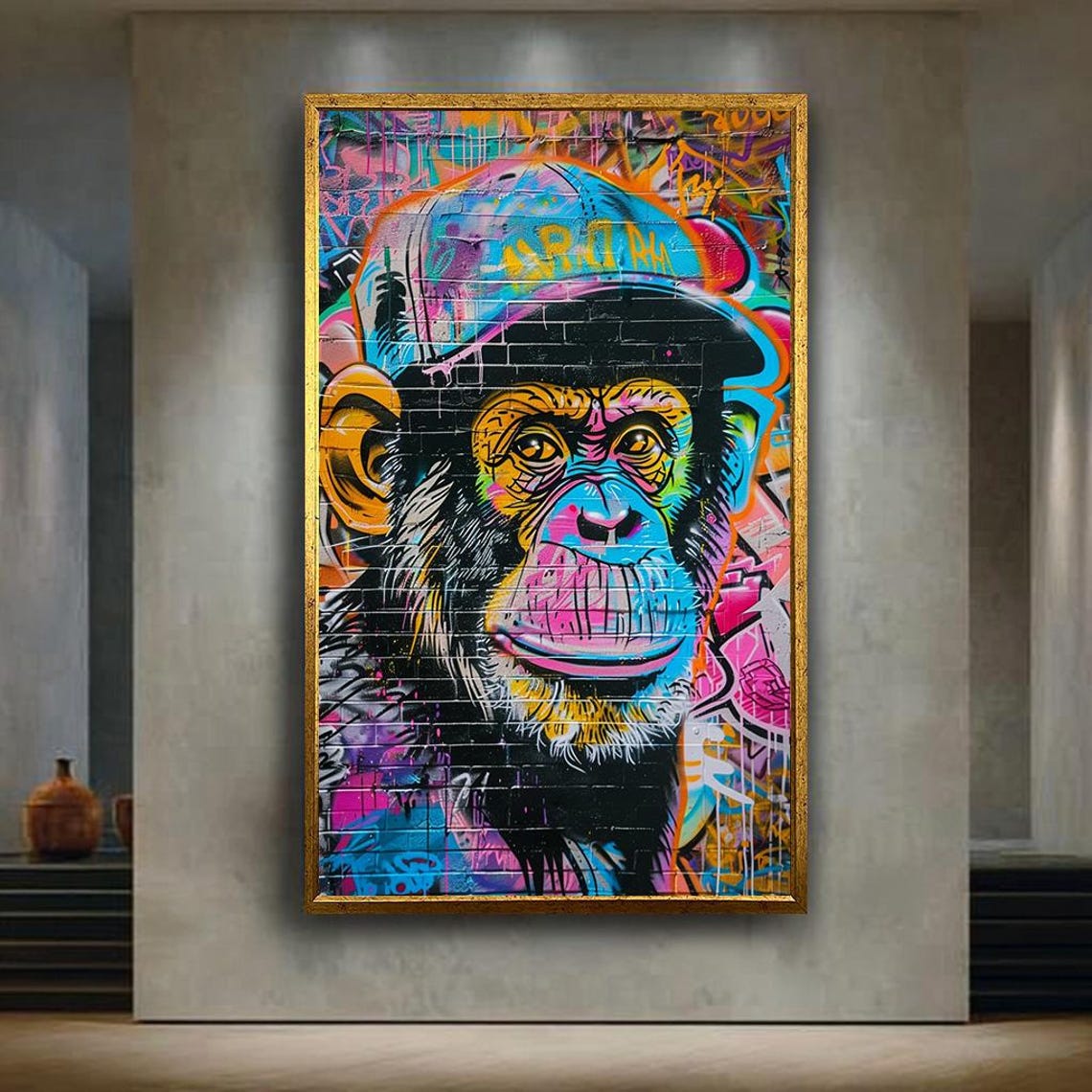 Colorful Graffiti Monkey in Cap Neon Urban Pop Art Street Poster