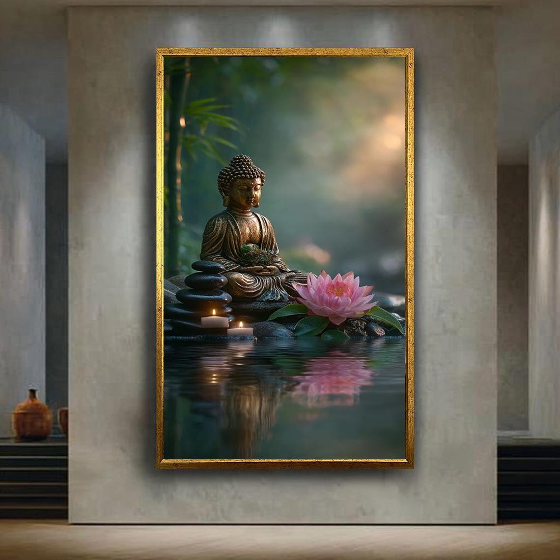 Peaceful Buddha Statue by Lotus Pond with Candles Zen Art Poster