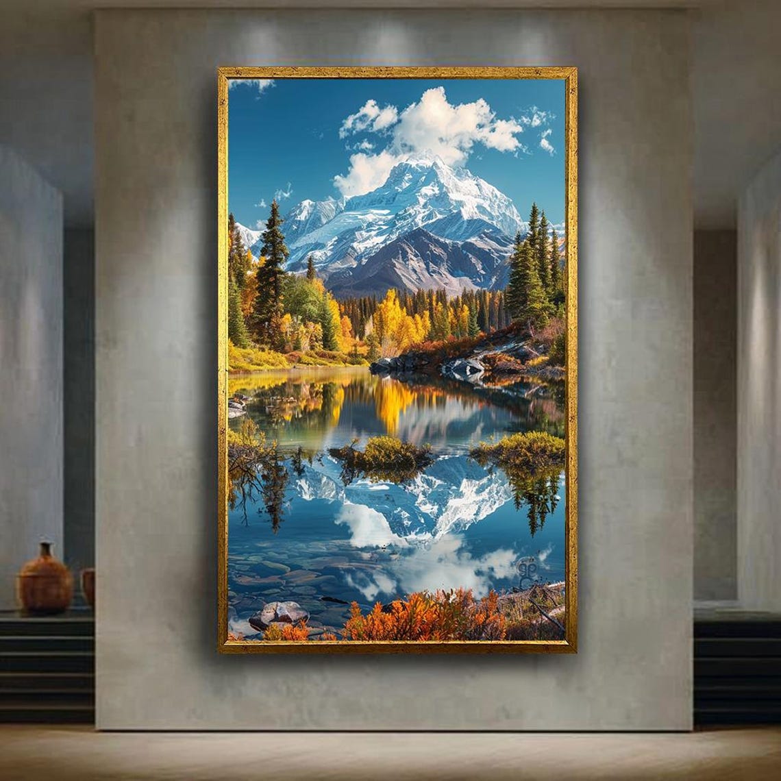 Mountain Lake Autumn Reflection Canvas Wall Art Snow Peaks And Fall Forest Landscape Nature Scene For Cabin Or Home Decor