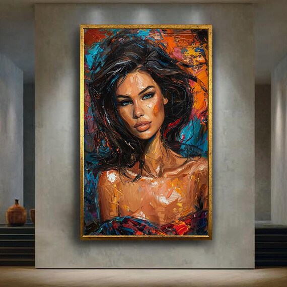 Modern Woman Portrait Colorful Impasto Oil Painting Beauty Poster