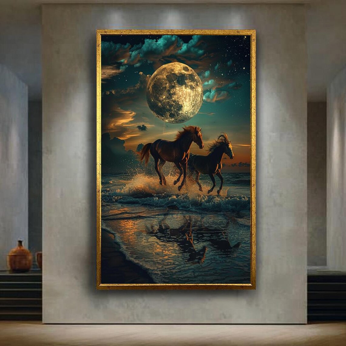 Moonlit Wild Horses Beach Art Print, Fantasy Night Scene