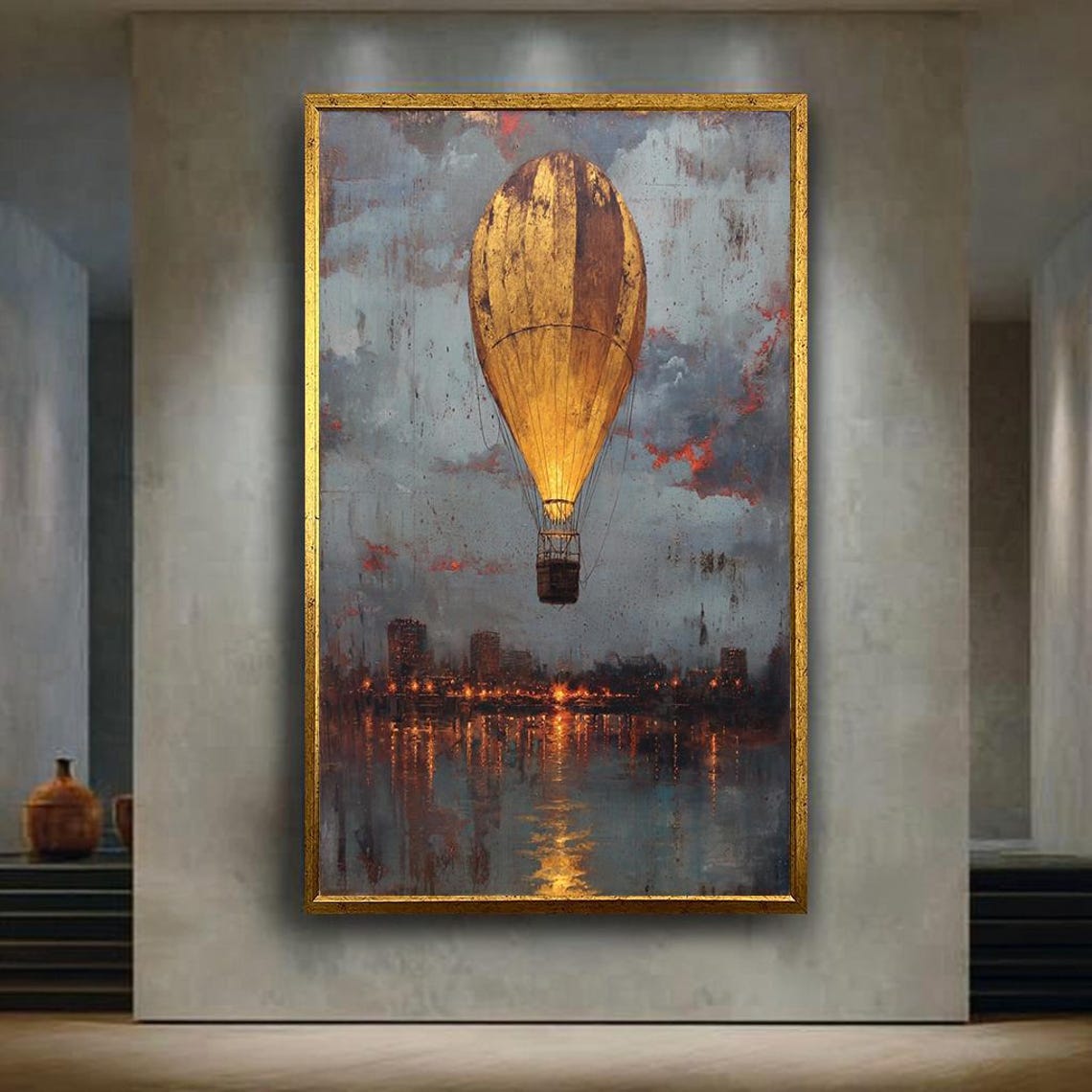 Golden Hot Air Balloon Night City Lights River Reflection Poster