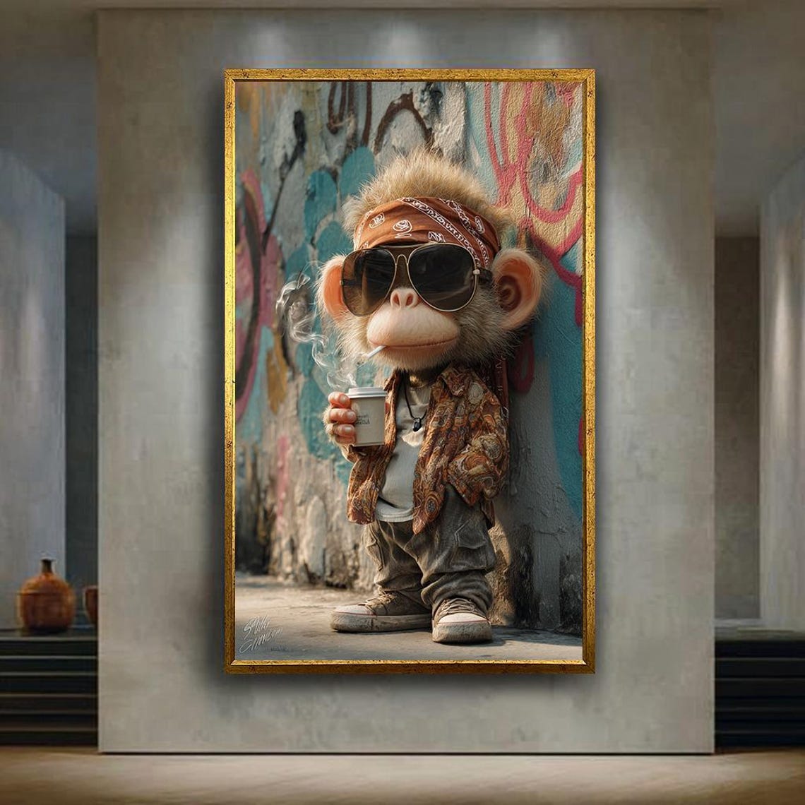Cool Monkey Drinking Coffee Graffiti Wall Urban Street Style Poster