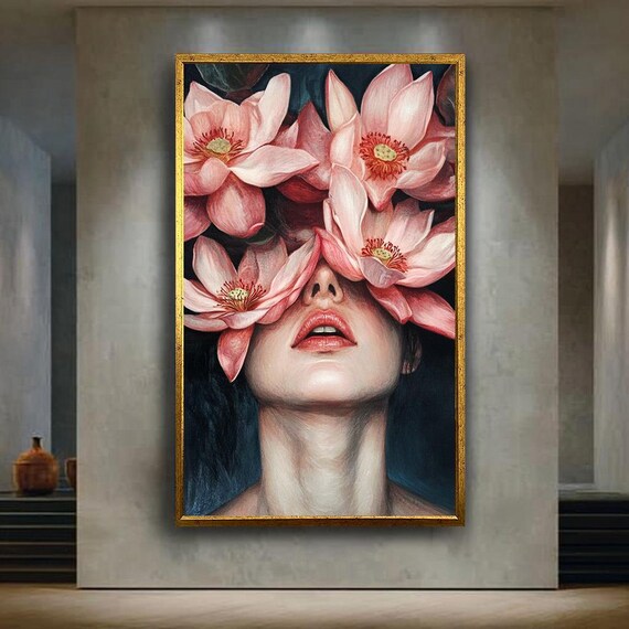 Woman Face Covered by Pink Lotus Flowers Surreal Botanical Wall Art