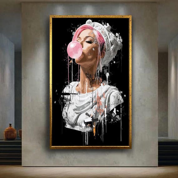 Modern Graffiti Statue Canvas Wall Art Pink Hair Bubblegum Girl Classical Sculpture Street Print For Trendy Urban Home Decor