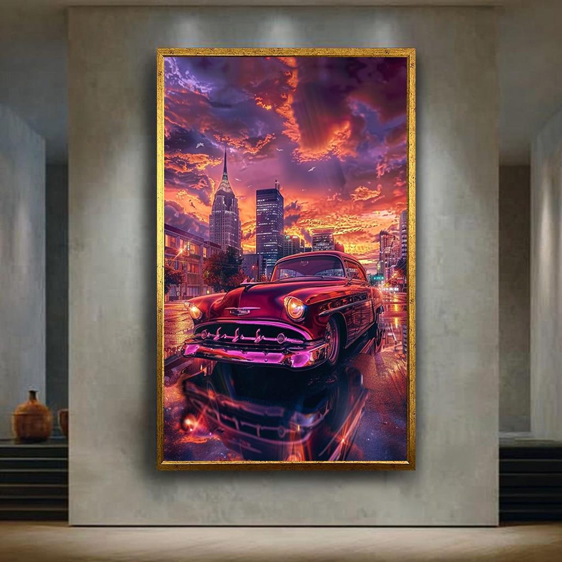 Vintage Red Chevy City Sunset Skyscraper Wet Street Reflection Poster