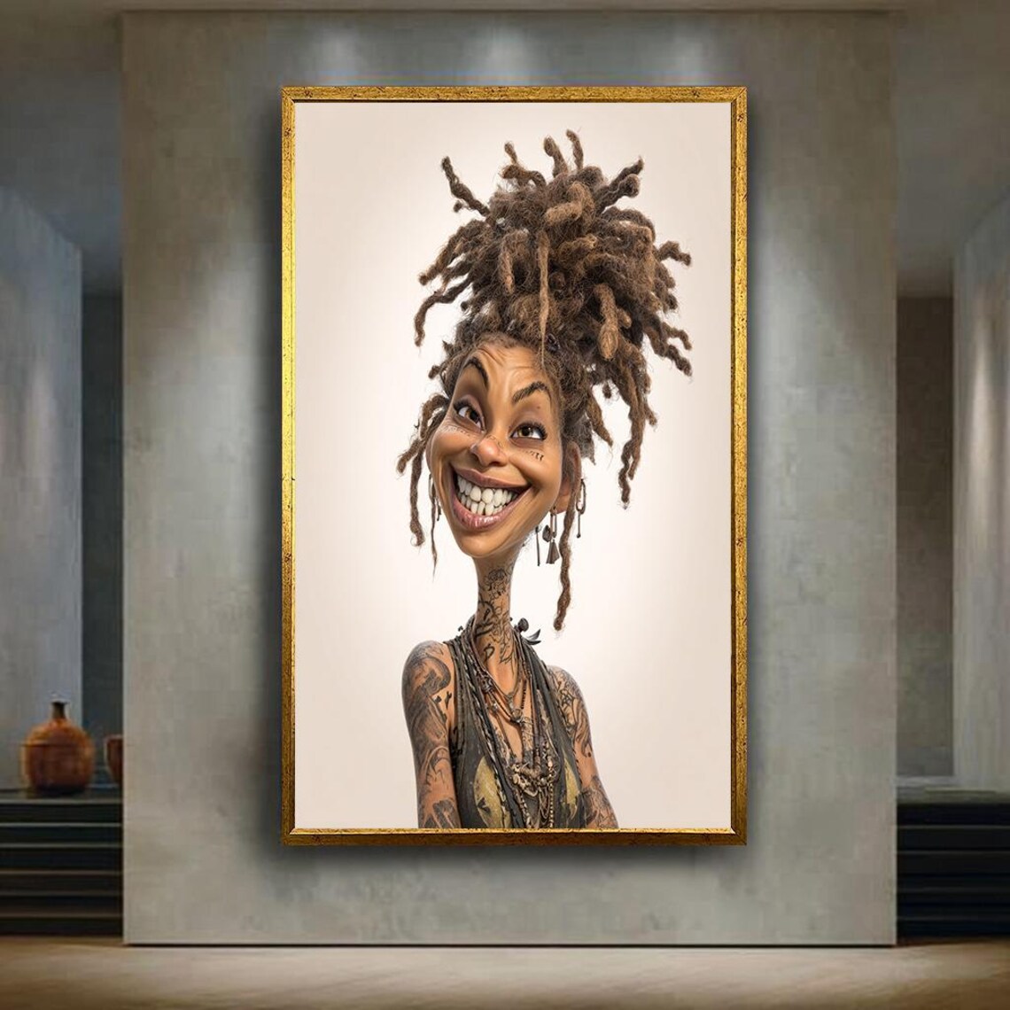Smiling Dreadlock Woman Caricature Portrait Joyful Ink Wall Art