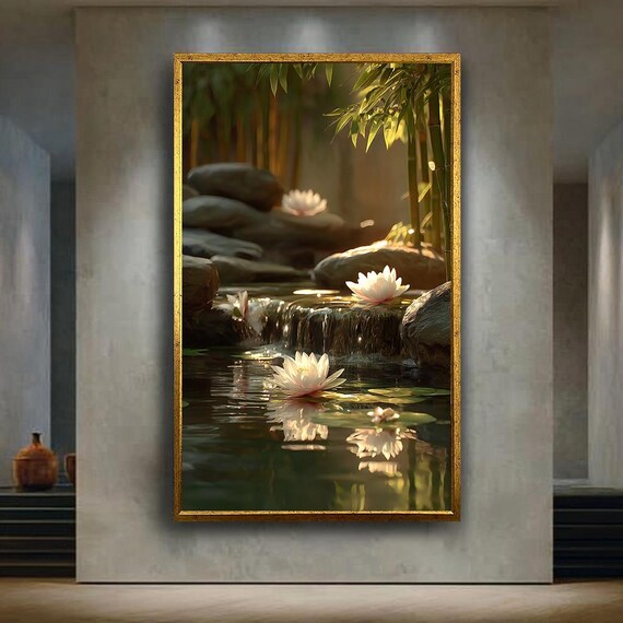 Zen Water Garden Canvas Wall Art With White Flowers Bamboo And Stones Peaceful Spa Print For Meditation Or Yoga Room Decor