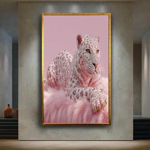 Pink Diamond Leopard Canvas Wall Art On Fur Glam Luxury Animal Print For Fashionable Decor Sparkly Feminine Statement Artwork