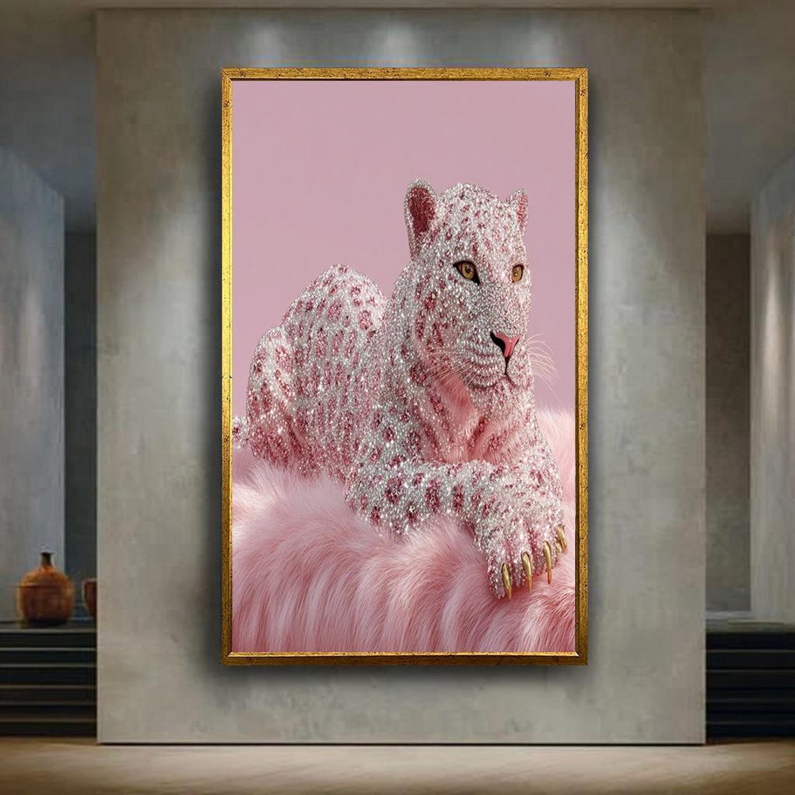 Pink Glitter Leopard On Pink Faux Fur Glam Wall Decor Art Print