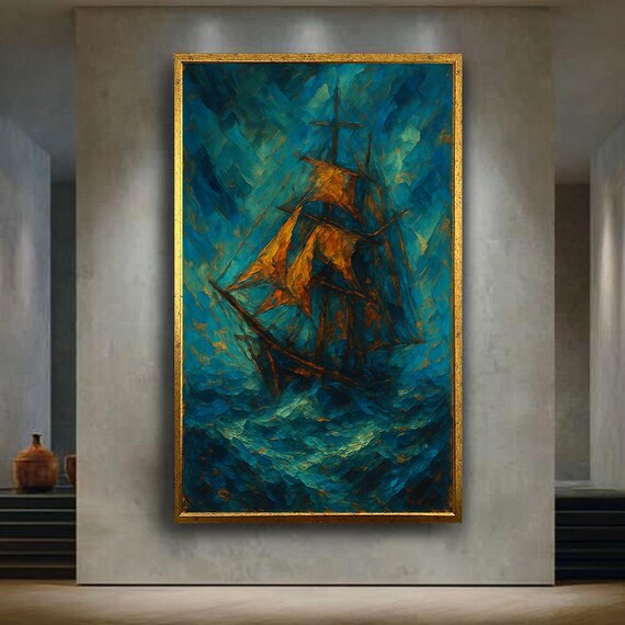 Tall Ship with Golden Sails in Stormy Teal Sea Dramatic Art Poster