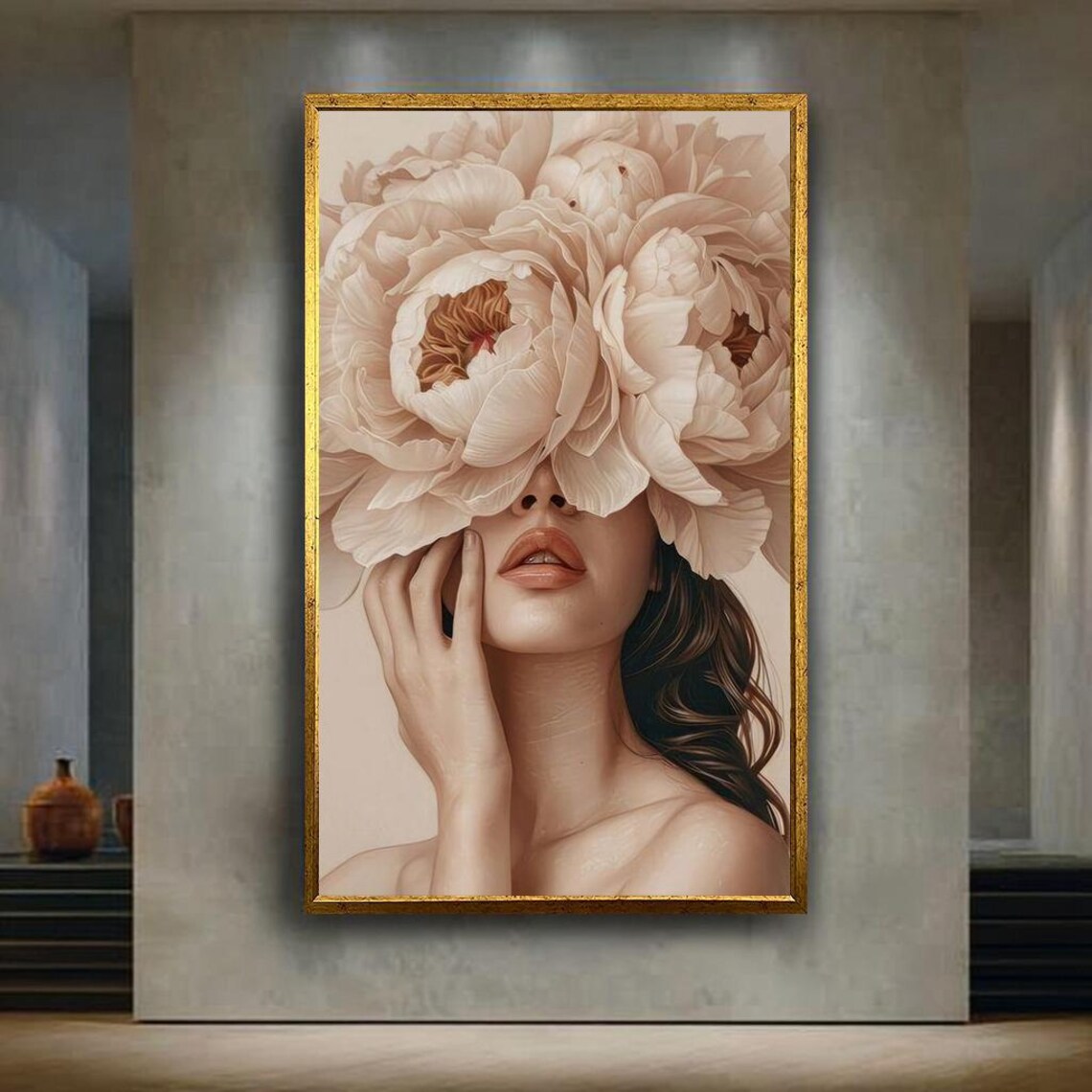 Woman Holding Blush Peonies Over Eyes Beauty Portrait Painting Wall Art