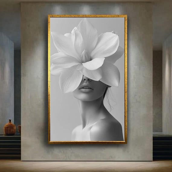 Black And White Floral Woman Canvas Wall Art Print Minimalist Female Portrait With Flower Elegant Modern Artwork For Home Decor