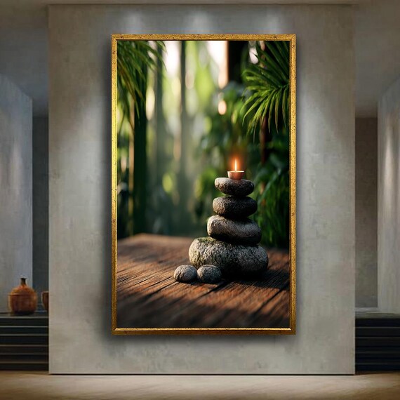 Zen Stone Candle Wall Art Print Tranquil Spa Meditation Decor Stacked Rocks And Canvas Poster Relaxing Nature Artwork
