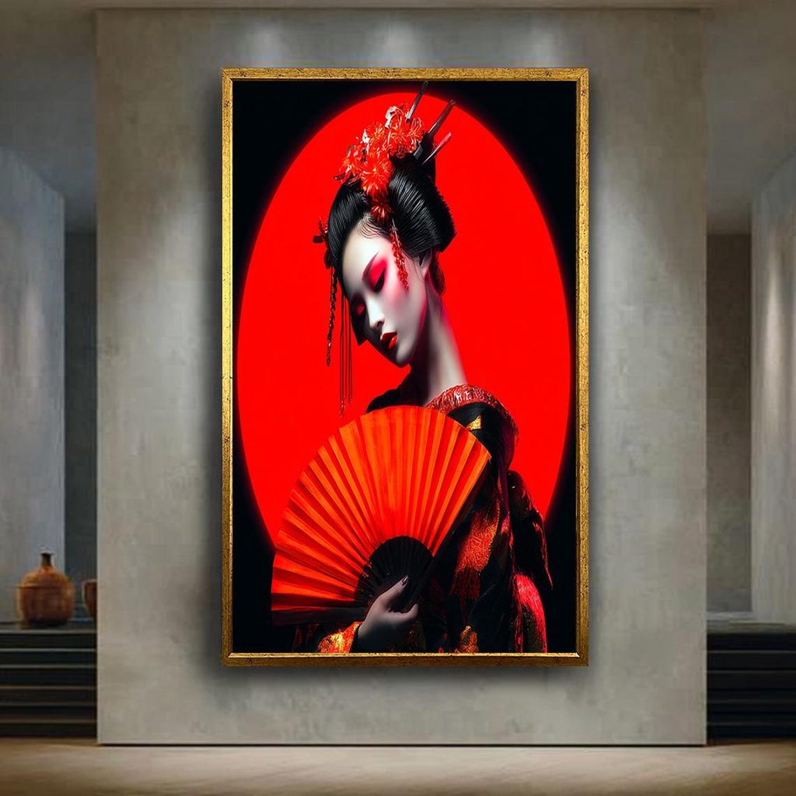 Red Fan Geisha Dramatic Red Halo Modern Japanese Style Poster